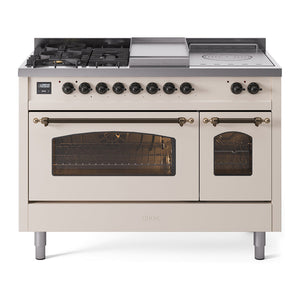ILVE Nostalgie II 48-Inch Dual Fuel Range with 5 Sealed Burners + Griddle + French Top, 5.02 cu. ft. Oven, Antique White with Burnished Trim, Liquid Propane, Triple Glass Door, UP48FSNMPAWBLP