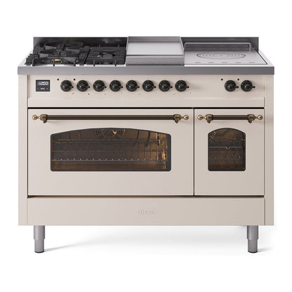 ILVE Nostalgie II 48-Inch Dual Fuel Range with 5 Sealed Burners + Griddle + French Top, 5.02 cu. ft. Oven, Antique White with Burnished Trim, Liquid Propane, Triple Glass Door, UP48FSNMPAWBLP