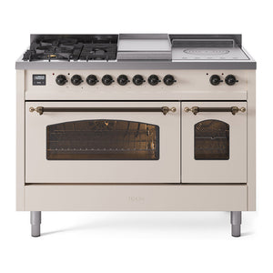 ILVE Nostalgie II 48-Inch Dual Fuel Range with 5 Sealed Burners + Griddle + French Top, 5.02 cu. ft. Oven, Antique White with Burnished Trim, Natural Gas, Triple Glass Door, UP48FSNMPAWB
