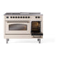 ILVE Nostalgie II 48-Inch Dual Fuel Range with 5 Sealed Burners + Griddle + French Top, 5.02 cu. ft. Oven, Antique White with Burnished Trim, Natural Gas, Triple Glass Door, UP48FSNMPAWB