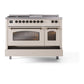 ILVE Nostalgie II 48-Inch Dual Fuel Range with 5 Sealed Burners + Griddle + French Top, 5.02 cu. ft. Oven, Antique White with Burnished Trim, Natural Gas, Triple Glass Door, UP48FSNMPAWB