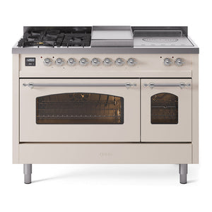 ILVE Nostalgie II 48-Inch Dual Fuel Range with 5 Sealed Burners + Griddle + French Top, 5.02 cu. ft. Oven, Antique White with Chrome Trim, Natural Gas, Triple Glass Door, UP48FSNMPAWC