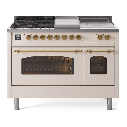 ILVE Nostalgie II 48-Inch Dual Fuel Range with 5 Sealed Burners + Griddle + French Top, 5.02 cu. ft. Oven, Antique White with Brass Trim, Natural Gas, Triple Glass Door, UP48FSNMPAWG
