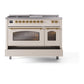 ILVE Nostalgie II 48-Inch Dual Fuel Range with 5 Sealed Burners + Griddle + French Top, 5.02 cu. ft. Oven, Antique White with Brass Trim, Natural Gas, Triple Glass Door, UP48FSNMPAWG