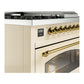 ILVE Nostalgie II 48-Inch Dual Fuel Range with 5 Sealed Burners + Griddle + French Top, 5.02 cu. ft. Oven, Antique White with Brass Trim, Natural Gas, Triple Glass Door, UP48FSNMPAWG