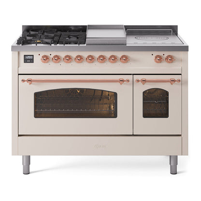 ILVE Nostalgie II 48-Inch Dual Fuel Range with 5 Sealed Burners + Griddle + French Top, 5.02 cu. ft. Oven, Antique White with Copper Trim, Liquid Propane, Triple Glass Door, UP48FSNMPAWPLP