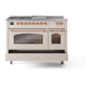 ILVE Nostalgie II 48-Inch Dual Fuel Range with 5 Sealed Burners + Griddle + French Top, 5.02 cu. ft. Oven, Antique White with Copper Trim, Natural Gas, Triple Glass Door, UP48FSNMPAWP