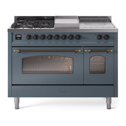 ILVE Nostalgie II 48-Inch Dual Fuel Range with 5 Sealed Burners + Griddle + French Top, 5.02 cu. ft. Oven, Blue Grey with Burnished Trim, Liquid Propane, Triple Glass Door, UP48FSNMPBGBLP