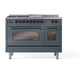 ILVE Nostalgie II 48-Inch Dual Fuel Range with 5 Sealed Burners + Griddle + French Top, 5.02 cu. ft. Oven, Blue Grey with Burnished Trim, Liquid Propane, Triple Glass Door, UP48FSNMPBGBLP