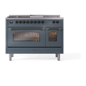 ILVE Nostalgie II 48-Inch Dual Fuel Range with 5 Sealed Burners + Griddle + French Top, 5.02 cu. ft. Oven, Blue Grey with Burnished Trim, Liquid Propane, Triple Glass Door, UP48FSNMPBGBLP