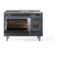 ILVE Nostalgie II 48-Inch Dual Fuel Range with 5 Sealed Burners + Griddle + French Top, 5.02 cu. ft. Oven, Blue Grey with Burnished Trim, Natural Gas, Triple Glass Door, UP48FSNMPBGB