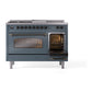 ILVE Nostalgie II 48-Inch Dual Fuel Range with 5 Sealed Burners + Griddle + French Top, 5.02 cu. ft. Oven, Blue Grey with Burnished Trim, Natural Gas, Triple Glass Door, UP48FSNMPBGB
