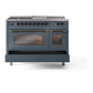 ILVE Nostalgie II 48-Inch Dual Fuel Range with 5 Sealed Burners + Griddle + French Top, 5.02 cu. ft. Oven, Blue Grey with Burnished Trim, Natural Gas, Triple Glass Door, UP48FSNMPBGB