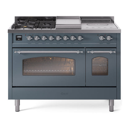 ILVE Nostalgie II 48-Inch Dual Fuel Range with 5 Sealed Burners + Griddle + French Top, 5.02 cu. ft. Oven, Blue Grey with Chrome Trim, Liquid Propane, Triple Glass Door, UP48FSNMPBGCLP