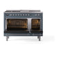 ILVE Nostalgie II 48-Inch Dual Fuel Range with 5 Sealed Burners + Griddle + French Top, 5.02 cu. ft. Oven, Blue Grey with Chrome Trim, Liquid Propane, Triple Glass Door, UP48FSNMPBGCLP