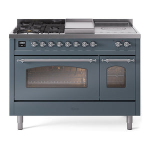 ILVE Nostalgie II 48-Inch Dual Fuel Range with 5 Sealed Burners + Griddle + French Top, 5.02 cu. ft. Oven, Blue Grey with Chrome Trim, Natural Gas, Triple Glass Door, UP48FSNMPBGC