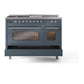 ILVE Nostalgie II 48-Inch Dual Fuel Range with 5 Sealed Burners + Griddle + French Top, 5.02 cu. ft. Oven, Blue Grey with Chrome Trim, Natural Gas, Triple Glass Door, UP48FSNMPBGC