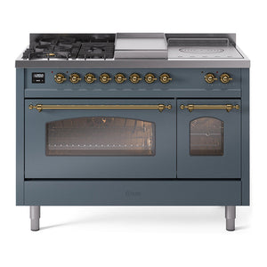 ILVE Nostalgie II 48-Inch Dual Fuel Range with 5 Sealed Burners + Griddle + French Top, 5.02 cu. ft. Oven, Blue Grey with Brass Trim, Liquid Propane, Triple Glass Door, UP48FSNMPBGGLP