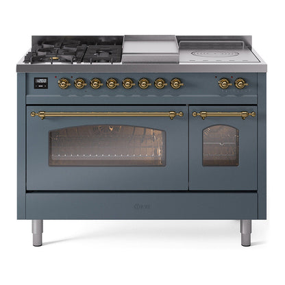 ILVE Nostalgie II 48-Inch Dual Fuel Range with 5 Sealed Burners + Griddle + French Top, 5.02 cu. ft. Oven, Blue Grey with Brass Trim, Liquid Propane, Triple Glass Door, UP48FSNMPBGGLP
