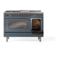 ILVE Nostalgie II 48-Inch Dual Fuel Range with 5 Sealed Burners + Griddle + French Top, 5.02 cu. ft. Oven, Blue Grey with Brass Trim, Liquid Propane, Triple Glass Door, UP48FSNMPBGGLP
