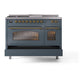 ILVE Nostalgie II 48-Inch Dual Fuel Range with 5 Sealed Burners + Griddle + French Top, 5.02 cu. ft. Oven, Blue Grey with Brass Trim, Natural Gas, Triple Glass Door, UP48FSNMPBGG