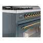 ILVE Nostalgie II 48-Inch Dual Fuel Range with 5 Sealed Burners + Griddle + French Top, 5.02 cu. ft. Oven, Blue Grey with Brass Trim, Natural Gas, Triple Glass Door, UP48FSNMPBGG