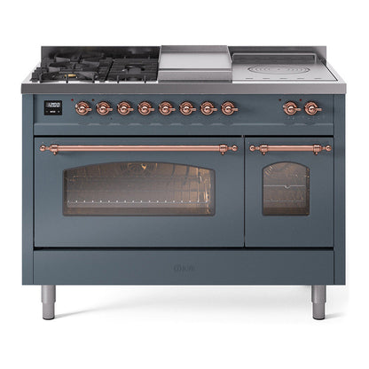ILVE Nostalgie II 48-Inch Dual Fuel Range with 5 Sealed Burners + Griddle + French Top, 5.02 cu. ft. Oven, Blue Grey with Copper Trim, Liquid Propane, Triple Glass Door, UP48FSNMPBGPLP