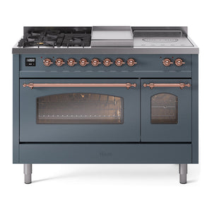 ILVE Nostalgie II 48-Inch Dual Fuel Range with 5 Sealed Burners + Griddle + French Top, 5.02 cu. ft. Oven, Blue Grey with Copper Trim, Natural Gas, Triple Glass Door, UP48FSNMPBGP