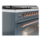 ILVE Nostalgie II 48-Inch Dual Fuel Range with 5 Sealed Burners + Griddle + French Top, 5.02 cu. ft. Oven, Blue Grey with Copper Trim, Natural Gas, Triple Glass Door, UP48FSNMPBGP