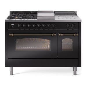 ILVE Nostalgie II 48-Inch Dual Fuel Range with 5 Sealed Burners + Griddle + French Top, 5.02 cu. ft. Oven, Glossy Black with Burnished Trim, Liquid Propane, Triple Glass Door, UP48FSNMPBKBLP
