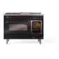 ILVE Nostalgie II 48-Inch Dual Fuel Range with 5 Sealed Burners + Griddle + French Top, 5.02 cu. ft. Oven, Glossy Black with Burnished Trim, Liquid Propane, Triple Glass Door, UP48FSNMPBKBLP