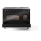 ILVE Nostalgie II 48-Inch Dual Fuel Range with 5 Sealed Burners + Griddle + French Top, 5.02 cu. ft. Oven, Glossy Black with Burnished Trim, Natural Gas, Triple Glass Door, UP48FSNMPBKB