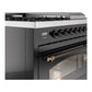 ILVE Nostalgie II 48-Inch Dual Fuel Range with 5 Sealed Burners + Griddle + French Top, 5.02 cu. ft. Oven, Glossy Black with Burnished Trim, Natural Gas, Triple Glass Door, UP48FSNMPBKB