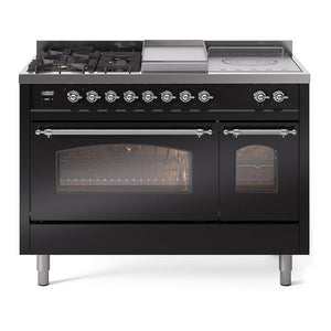 ILVE Nostalgie II 48-Inch Dual Fuel Range with 5 Sealed Burners + Griddle + French Top, 5.02 cu. ft. Oven, Glossy Black with Chrome Trim, Liquid Propane, Triple Glass Door, UP48FSNMPBKCLP