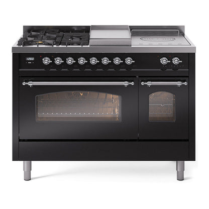 ILVE Nostalgie II 48-Inch Dual Fuel Range with 5 Sealed Burners + Griddle + French Top, 5.02 cu. ft. Oven, Glossy Black with Chrome Trim, Liquid Propane, Triple Glass Door, UP48FSNMPBKCLP