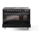ILVE Nostalgie II 48-Inch Dual Fuel Range with 5 Sealed Burners + Griddle + French Top, 5.02 cu. ft. Oven, Glossy Black with Chrome Trim, Natural Gas, Triple Glass Door, UP48FSNMPBKC