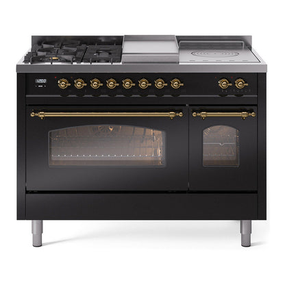 ILVE Nostalgie II 48-Inch Dual Fuel Range with 5 Sealed Burners + Griddle + French Top, 5.02 cu. ft. Oven, Glossy Black with Brass Trim, Liquid Propane, Triple Glass Door, UP48FSNMPBKGLP
