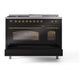 ILVE Nostalgie II 48-Inch Dual Fuel Range with 5 Sealed Burners + Griddle + French Top, 5.02 cu. ft. Oven, Glossy Black with Brass Trim, Natural Gas, Triple Glass Door, UP48FSNMPBKG
