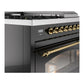 ILVE Nostalgie II 48-Inch Dual Fuel Range with 5 Sealed Burners + Griddle + French Top, 5.02 cu. ft. Oven, Glossy Black with Brass Trim, Natural Gas, Triple Glass Door, UP48FSNMPBKG