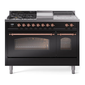 ILVE Nostalgie II 48-Inch Dual Fuel Range with 5 Sealed Burners + Griddle + French Top, 5.02 cu. ft. Oven, Glossy Black with Copper Trim, Liquid Propane, Triple Glass Door, UP48FSNMPBKPLP