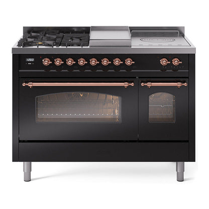 ILVE Nostalgie II 48-Inch Dual Fuel Range with 5 Sealed Burners + Griddle + French Top, 5.02 cu. ft. Oven, Glossy Black with Copper Trim, Natural Gas, Triple Glass Door, UP48FSNMPBKP