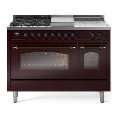 ILVE Nostalgie II 48-Inch Dual Fuel Range with 5 Sealed Burners + Griddle + French Top, 5.02 cu. ft. Oven, Burgundy with Burnished Trim, Natural Gas, Triple Glass Door, UP48FSNMPBUB