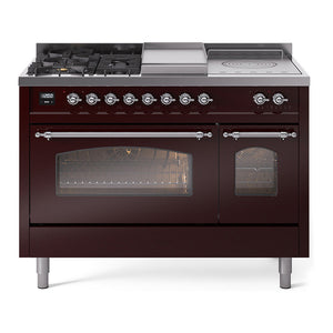 ILVE Nostalgie II 48-Inch Dual Fuel Range with 5 Sealed Burners + Griddle + French Top, 5.02 cu. ft. Oven, Burgundy with Chrome Trim, Liquid Propane, Triple Glass Door, UP48FSNMPBUCLP