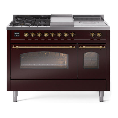 ILVE Nostalgie II 48-Inch Dual Fuel Range with 5 Sealed Burners + Griddle + French Top, 5.02 cu. ft. Oven, Burgundy with Brass Trim, Natural Gas, Triple Glass Door, UP48FSNMPBUG