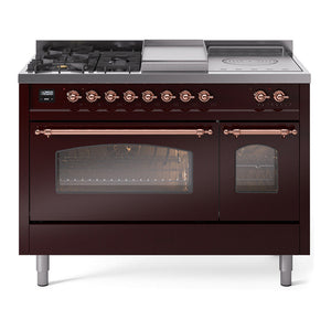 ILVE Nostalgie II 48-Inch Dual Fuel Range with 5 Sealed Burners + Griddle + French Top, 5.02 cu. ft. Oven, Burgundy with Copper Trim, Liquid Propane, Triple Glass Door, UP48FSNMPBUPLP