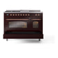ILVE Nostalgie II 48-Inch Dual Fuel Range with 5 Sealed Burners + Griddle + French Top, 5.02 cu. ft. Oven, Burgundy with Copper Trim, Natural Gas, Triple Glass Door, UP48FSNMPBUP