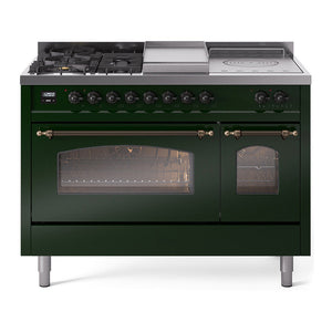 ILVE Nostalgie II 48-Inch Dual Fuel Range with 5 Sealed Burners + Griddle + French Top, 5.02 cu. ft. Oven, Emerald Green with Burnished Trim, Natural Gas, Triple Glass Door, UP48FSNMPEGB