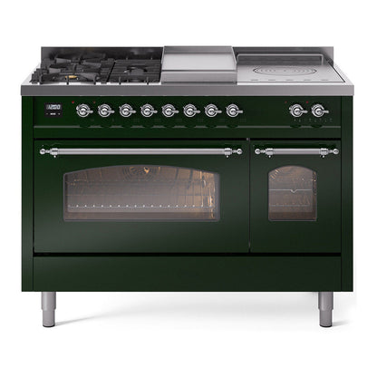 ILVE Nostalgie II 48-Inch Dual Fuel Range with 5 Sealed Burners + Griddle + French Top, 5.02 cu. ft. Oven, Emerald Green with Chrome Trim, Liquid Propane, Triple Glass Door, UP48FSNMPEGCLP
