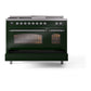 ILVE Nostalgie II 48-Inch Dual Fuel Range with 5 Sealed Burners + Griddle + French Top, 5.02 cu. ft. Oven, Emerald Green with Chrome Trim, Natural Gas, Triple Glass Door, UP48FSNMPEGC