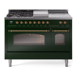 ILVE Nostalgie II 48-Inch Dual Fuel Range with 5 Sealed Burners + Griddle + French Top, 5.02 cu. ft. Oven, Emerald Green with Brass Trim, Liquid Propane, Triple Glass Door, UP48FSNMPEGGLP